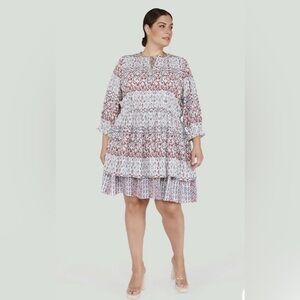 🆕 DEX /SMOCKED PRINTED MID LENGTH DRESS  W/TIERED RUFFLES/MULTI COLOR DESIGN💕